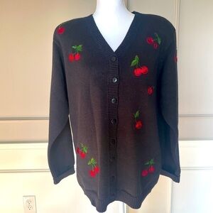 Quacker Factory women's black beaded cherry teacher sweater cardigan size M